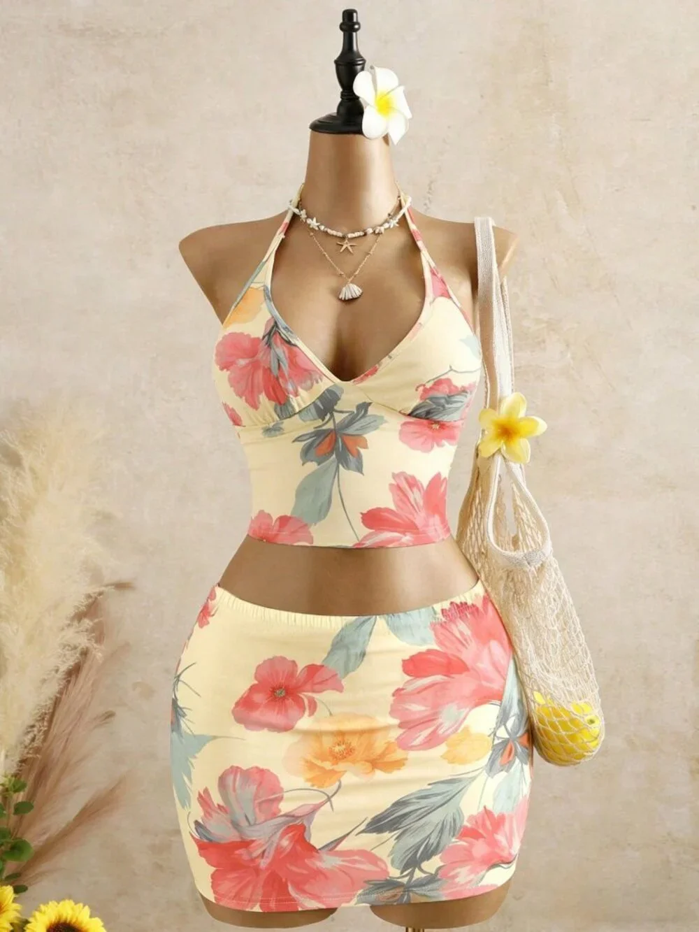 Multicolor Boho Women's Floral Spaghetti Strap Crop Top & Bodycon Mini Skirt Set